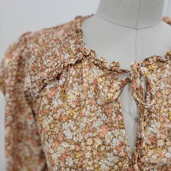 American Eagle Boho Floral Smock Detail Tie Neck Longsleeve Blouse Size S - Picture 5 of 11